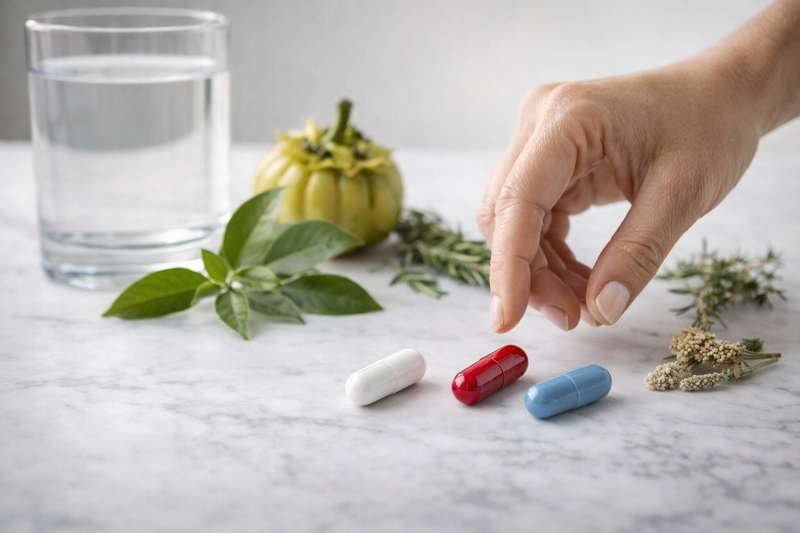 Τρεις κάψουλες Nano Slim σε λευκό, κόκκινο και μπλε χρώμα δίπλα σε φυσικά συστατικά