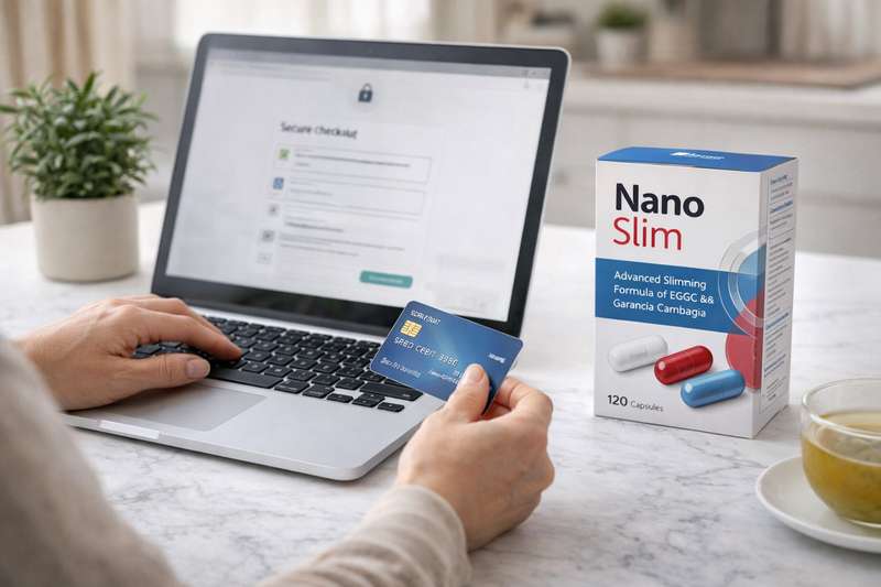 Γυναίκα αγοράζει Nano Slim online από laptop με το αυθεντικό προϊόν δίπλα της